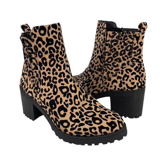 Qupid Cheetah Ankle Boots Bootie Animal Print Size 8 Black Tan Chunky Block Heel - Picture 1 of 13
